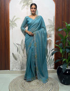 1 Min Blue Moss Silk Readymade Saree With FREE Blouse - BONYHUBSAREE
