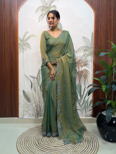 1 Min Green Moss Silk Readymade Saree With FREE Blouse - BONYHUBSAREE