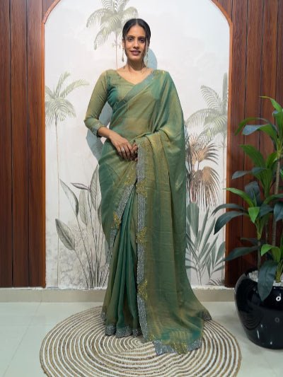 1 Min Green Moss Silk Readymade Saree With FREE Blouse - BONYHUBSAREE