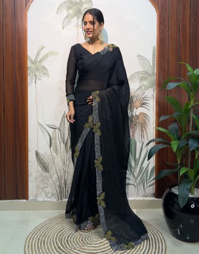 1 Min Black Moss Silk Readymade Saree With FREE Blouse - BONYHUBSAREE