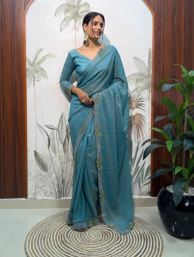 1 Min Blue Moss Silk Readymade Saree With FREE Blouse - BONYHUBSAREE
