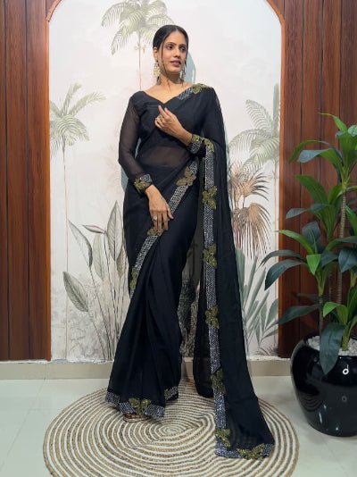 1 Min Black Moss Silk Readymade Saree With FREE Blouse - BONYHUBSAREE