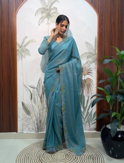 1 Min Blue Moss Silk Readymade Saree With FREE Blouse - BONYHUBSAREE