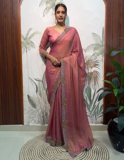 1 Min Rose Pink Moss Silk Readymade Saree With FREE Blouse - BONYHUBSAREE
