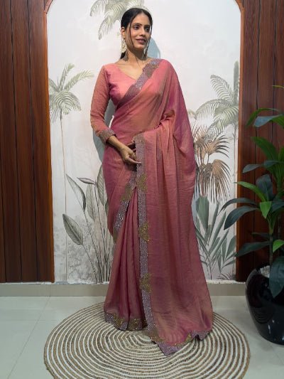 1 Min Rose Pink Moss Silk Readymade Saree With FREE Blouse - BONYHUBSAREE