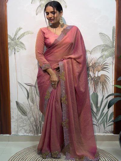 1 Min Rose Pink Moss Silk Readymade Saree With FREE Blouse - BONYHUBSAREE