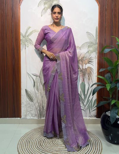 1 Min Lilac Moss Silk Readymade Saree With FREE Blouse - BONYHUBSAREE
