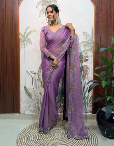 1 Min Lilac Moss Silk Readymade Saree With FREE Blouse - BONYHUBSAREE
