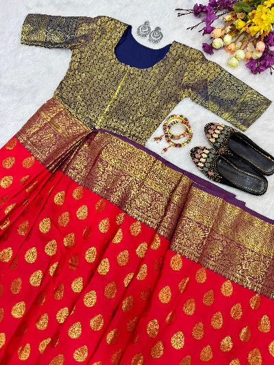 Orange Silk Jacquard Zip & Go 10 Second Saree Gown - BONYHUBSAREE