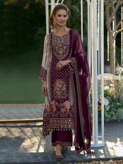 Burgandy Embroidery Mirror Work Designer Suit Set - BONYHUBSALWAR KAMEEZ