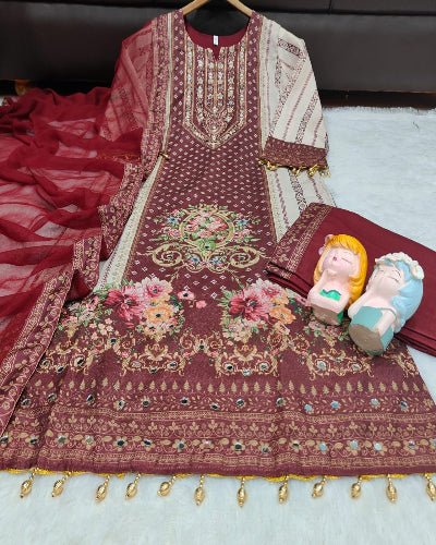 Red Embroidery Mirror Work Designer Suit Set - BONYHUBSALWAR KAMEEZ