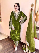 Rich Olive Green Velvet Embroidery Moti Work Bell Sleeves Suit - BONYHUBSALWAR KAMEEZ