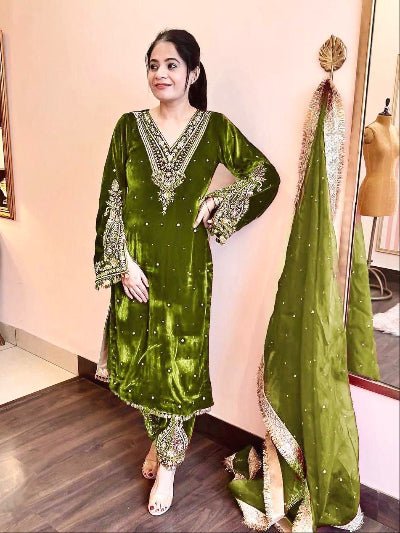 Rich Olive Green Velvet Embroidery Moti Work Bell Sleeves Suit - BONYHUBSALWAR KAMEEZ