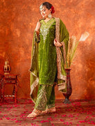 Rich Olive Green Velvet Embroidery Moti Work Bell Sleeves Suit - BONYHUBSALWAR KAMEEZ
