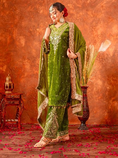 Rich Olive Green Velvet Embroidery Moti Work Bell Sleeves Suit - BONYHUBSALWAR KAMEEZ