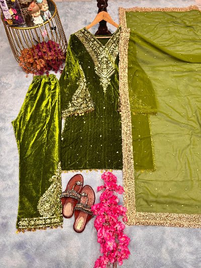 Rich Olive Green Velvet Embroidery Moti Work Bell Sleeves Suit - BONYHUBSALWAR KAMEEZ