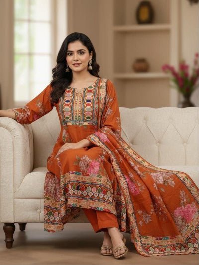 Plus Size Orange Maslin Floral Print Straight Suit Set - BONYHUBSALWAR KAMEEZ