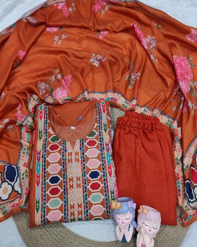 Plus Size Orange Maslin Floral Print Straight Suit Set - BONYHUBSALWAR KAMEEZ