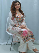 Plus Size White Maslin Floral Print Straight Suit Set - BONYHUBSALWAR KAMEEZ