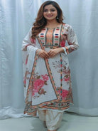 Plus Size White Maslin Floral Print Straight Suit Set - BONYHUBSALWAR KAMEEZ