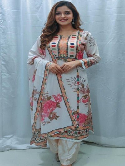 Plus Size White Maslin Floral Print Straight Suit Set - BONYHUBSALWAR KAMEEZ