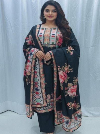 Plus Size Black Maslin Floral Print Straight Suit Set - BONYHUBSALWAR KAMEEZ