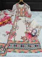 Plus Size White Maslin Floral Print Straight Suit Set - BONYHUBSALWAR KAMEEZ