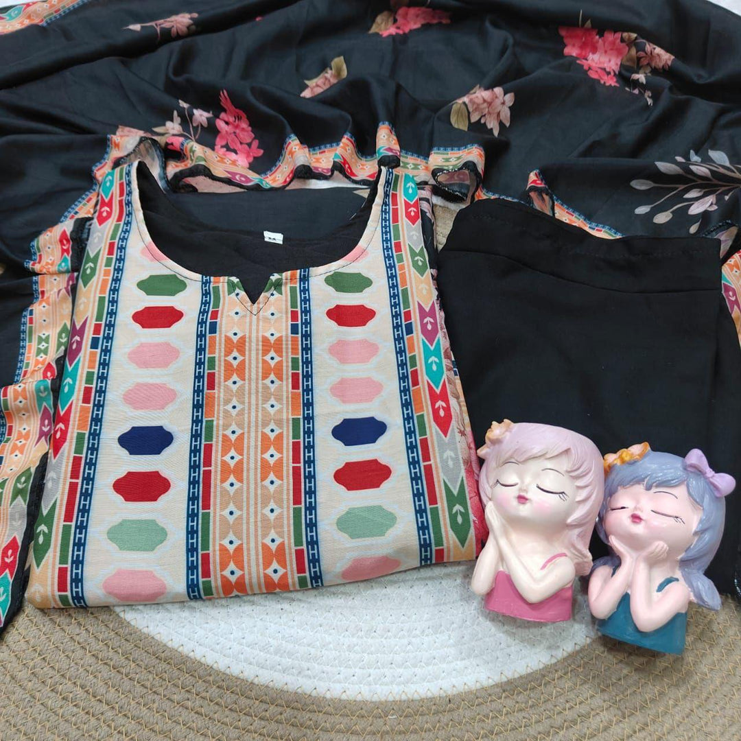 Plus Size Black Maslin Floral Print Straight Suit Set - BONYHUBSALWAR KAMEEZ