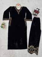 Elite Black Velvet Sequin Detailing Kurti Pant Set Of 2 - BONYHUBSALWAR KAMEEZ