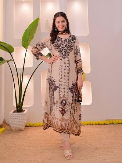 Plus Size Beige Mirror Work Printed Salwar Suit Set - BONYHUBSALWAR KAMEEZ