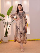Plus Size Beige Mirror Work Printed Salwar Suit Set - BONYHUBSALWAR KAMEEZ