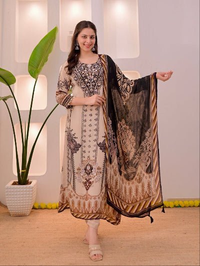 Plus Size Beige Mirror Work Printed Salwar Suit Set - BONYHUBSALWAR KAMEEZ