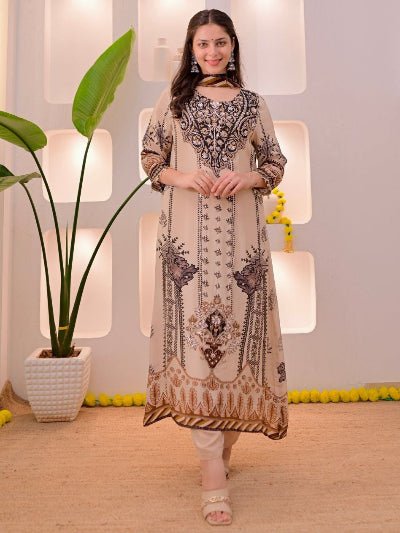 Plus Size Beige Mirror Work Printed Salwar Suit Set - BONYHUBSALWAR KAMEEZ