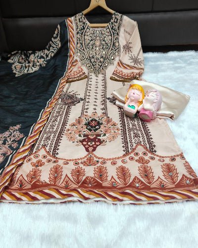 Plus Size Beige Mirror Work Printed Salwar Suit Set - BONYHUBSALWAR KAMEEZ