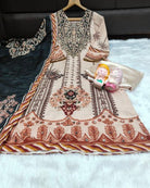 Plus Size Beige Mirror Work Printed Salwar Suit Set - BONYHUBSALWAR KAMEEZ