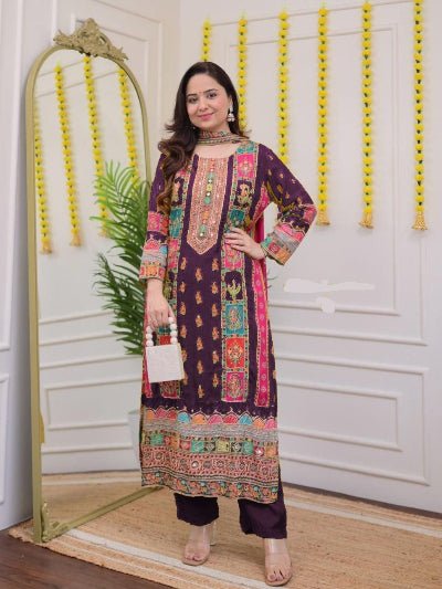 Plus Size Plum Muslin Printed Salwar Suit Set - BONYHUBSALWAR KAMEEZ