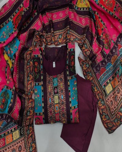 Plus Size Plum Muslin Printed Salwar Suit Set - BONYHUBSALWAR KAMEEZ