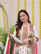 Plus Size White Muslin Printed Salwar Suit Set - BONYHUBSALWAR KAMEEZ