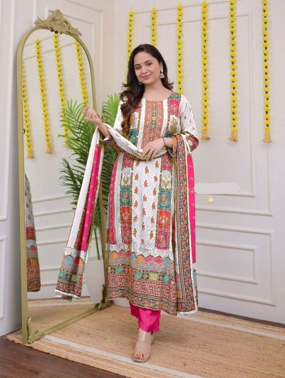 Plus Size White Muslin Printed Salwar Suit Set - BONYHUBSALWAR KAMEEZ