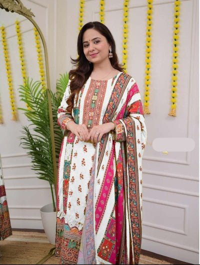 Plus Size White Muslin Printed Salwar Suit Set - BONYHUBSALWAR KAMEEZ