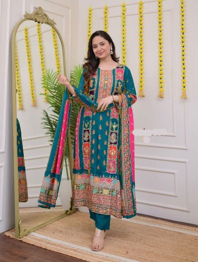 Plus Size Blue Muslin Printed Salwar Suit Set - BONYHUBSALWAR KAMEEZ
