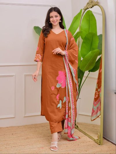 Plus Size Rust Orange Muslin Salwar Suit Set - BONYHUBSALWAR KAMEEZ