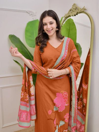 Plus Size Rust Orange Muslin Salwar Suit Set - BONYHUBSALWAR KAMEEZ