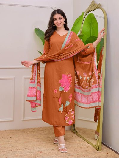 Plus Size Rust Orange Muslin Salwar Suit Set - BONYHUBSALWAR KAMEEZ