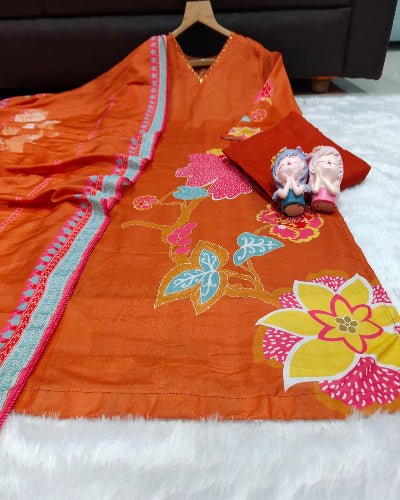 Plus Size Rust Orange Muslin Salwar Suit Set - BONYHUBSALWAR KAMEEZ