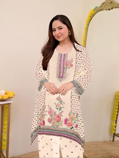 Plus Size White Floral Print Co - Ord Set of 2 - BONYHUBSALWAR KAMEEZ