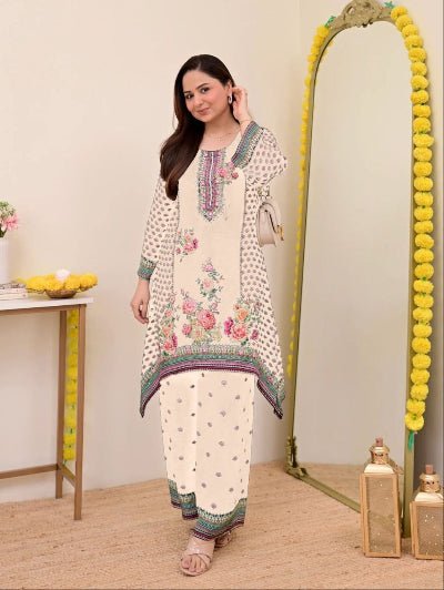 Plus Size White Floral Print Co - Ord Set of 2 - BONYHUBSALWAR KAMEEZ