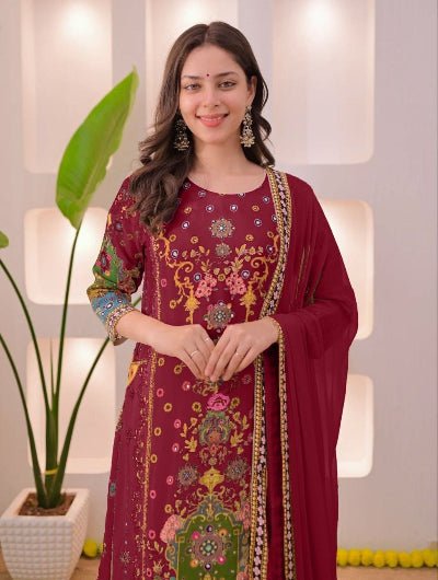 Plus Size Maroon Muslin Printed Salwar Suit Set - BONYHUBSALWAR KAMEEZ
