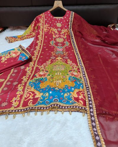 Plus Size Maroon Muslin Printed Salwar Suit Set - BONYHUBSALWAR KAMEEZ