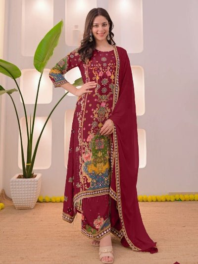 Plus Size Maroon Muslin Printed Salwar Suit Set - BONYHUBSALWAR KAMEEZ